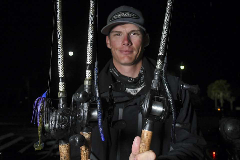 <b>Ryan Hoover (6th; 40-4) </b><br> Ryan Hoover shows off his lures prior to the final day of the Southern Open. 