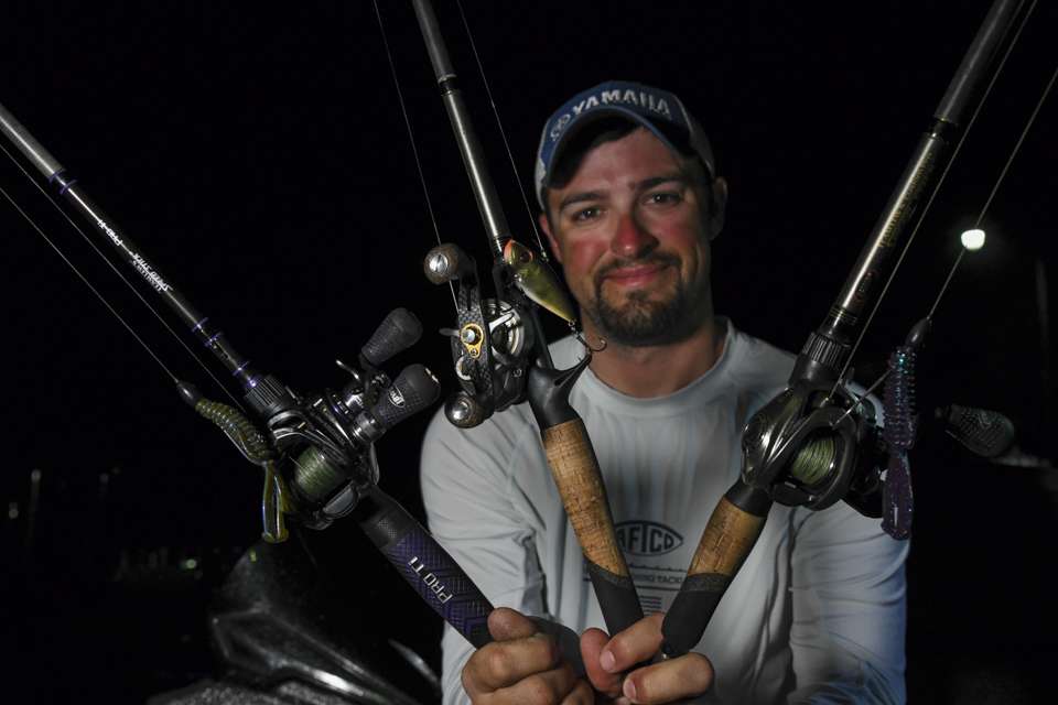<b>Adam Neu (4th; 41-13) </b><br> Adam Neu holds his three best lures from the first Southern Open of 2022. 