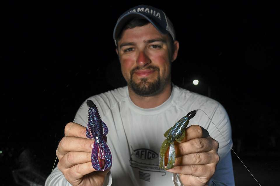 Neu also leaned on Strike King Rage Bug lures (both Green Pumpkin/Blue Swirl and Junebug colors). He switched up the lures, depending on water clarity, and used them with 3/8-ounce tungsten weights.