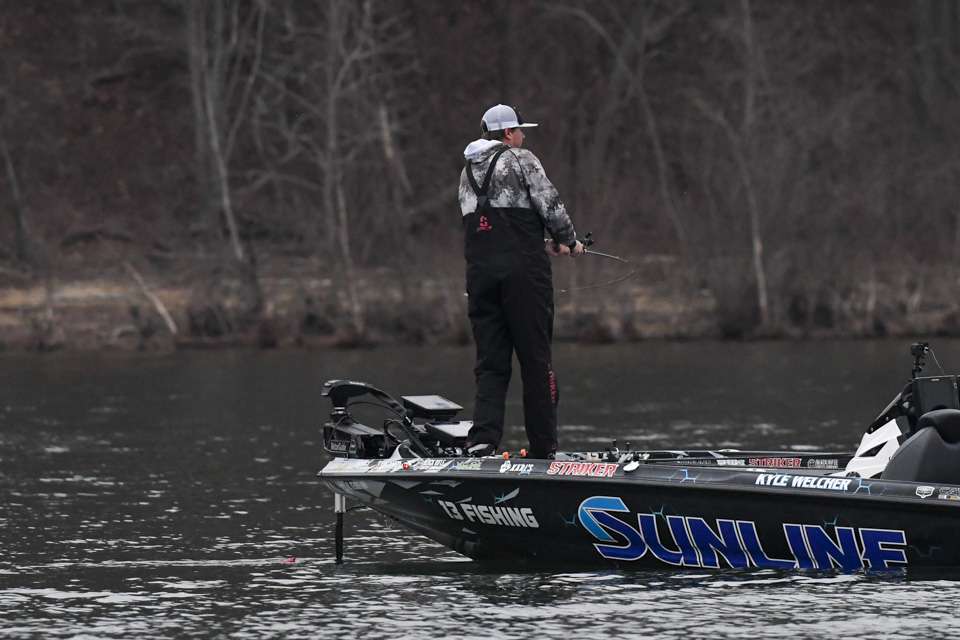 Elite pro Kyle Welcher began the second day of Classic competition near Green Pond Landing, working a cove for bass feeding on bait pods.