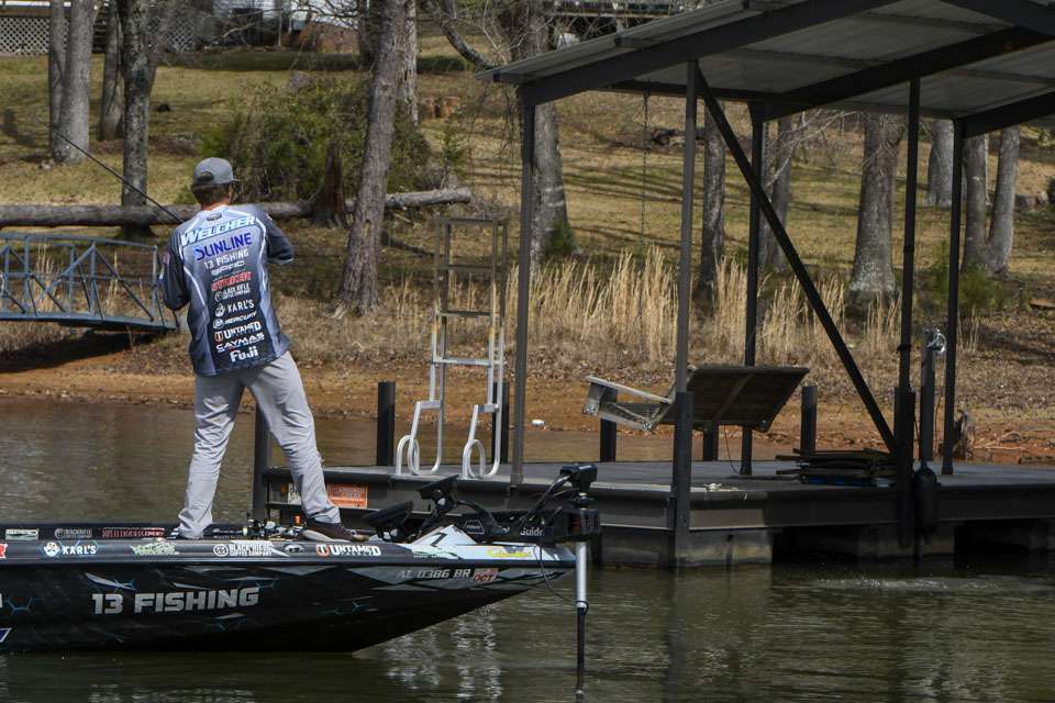 The wacky rig struck again a few casts later, with another bass that gave him an additional few ounces being dragged from beneath a dock. The catch seemed to give Welcher a boost of confidence. “This bait will catch big ol’ stupid ones too,” he said of the wacky rig.